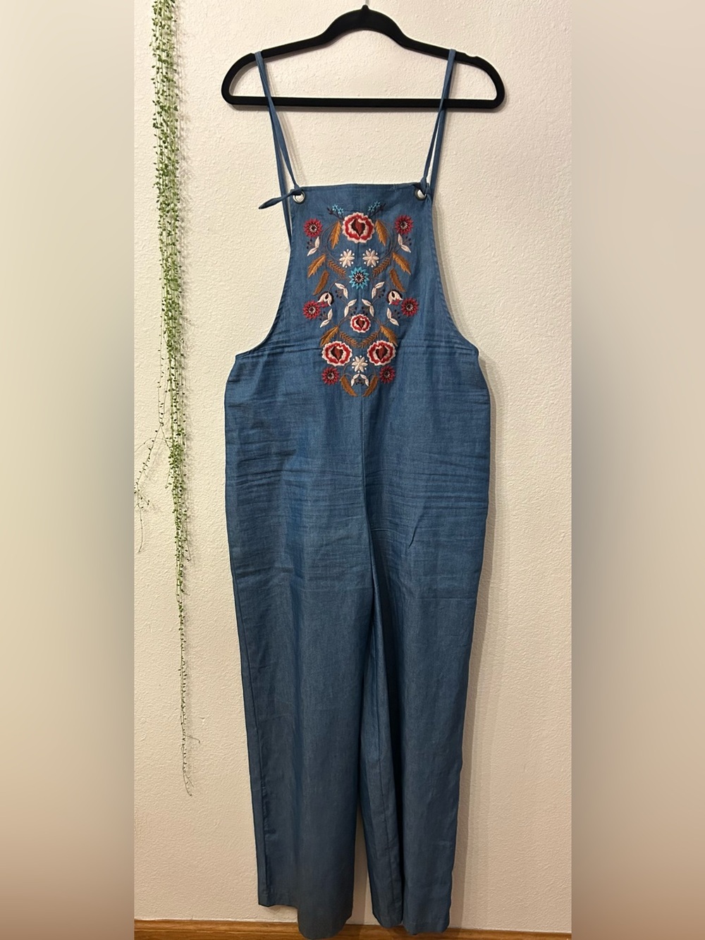 Xhileration Faux Denim Blue Embroidered Lightweight Overalls / Bib Jumpsuit
